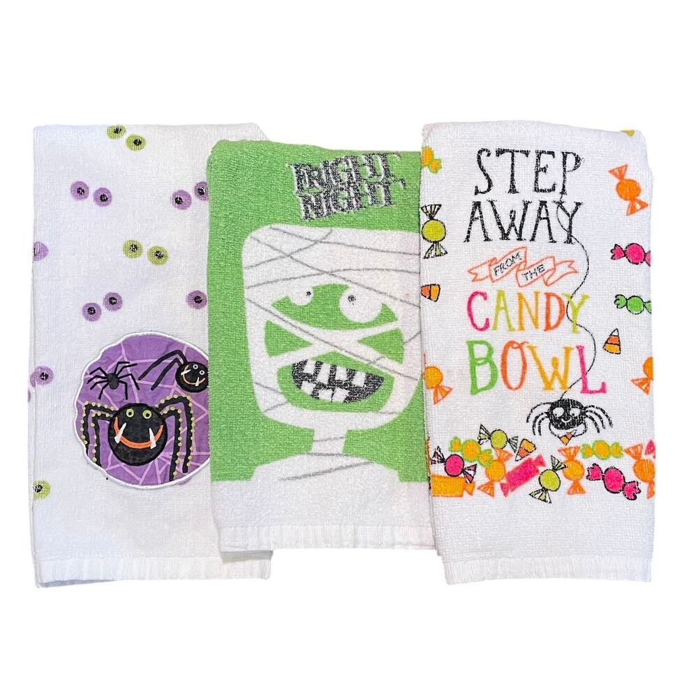 Set of 3 Cotton Halloween Dishtowels, Spider, Eyeballs, Mummy, Candy